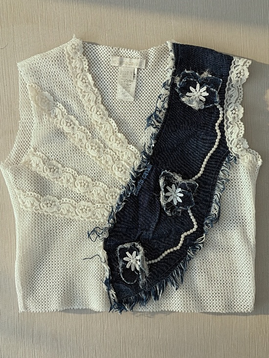 Roberto Cavalli Tops - Vintage Roberto Cavalli Y2K Mesh Lace Denim Pearl Top M